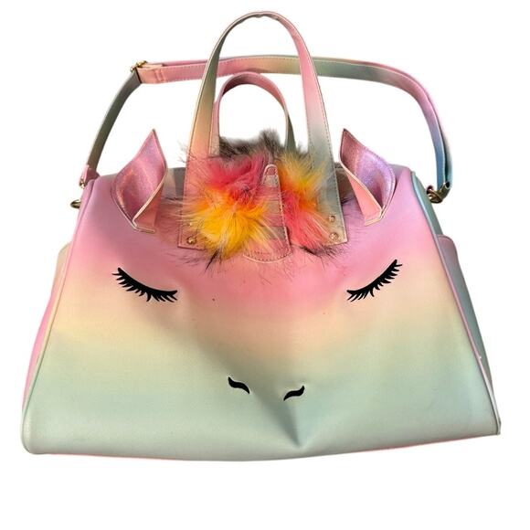 Rainbow Unicorn Tote Bag Pastel Ombre with Furry Horn & Ears Shoulder Strap - Picture 3 of 5